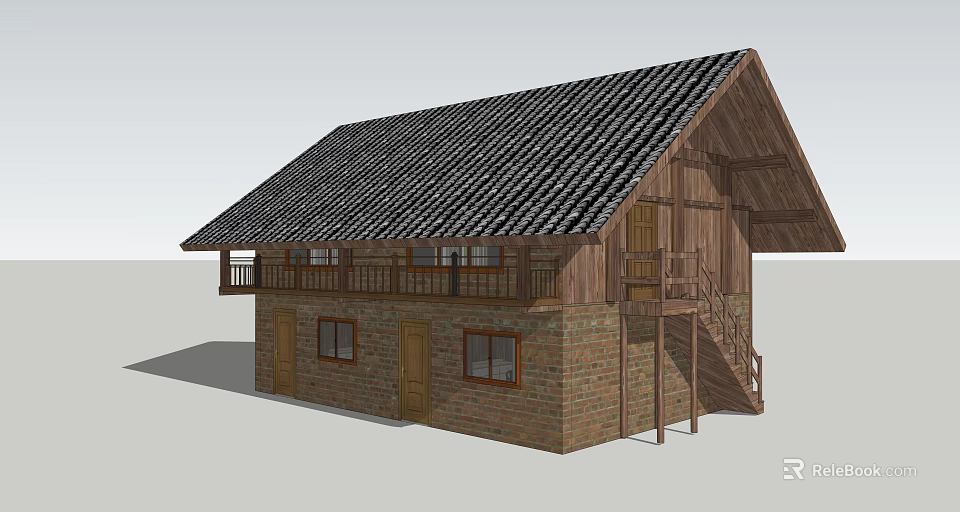 Two Story Detached Villa With Brick And Wooden Structure Tile Roof Balcony And Staircase 3d model 