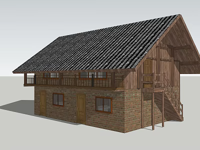 Two Story Detached Villa With Brick And Wooden Structure Tile Roof Balcony And Staircase 3d model
