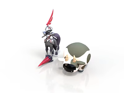 Red Feathered Armored Character And Egg Shaped Creature With Green Shell And Yellow Horns 3d model