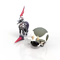 Red Feathered Armored Character And Egg Shaped Creature With Green Shell And Yellow Horns