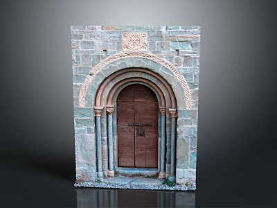 Arched Wooden Door With Carved Details In Stone Wall Frame And Columns 3d model