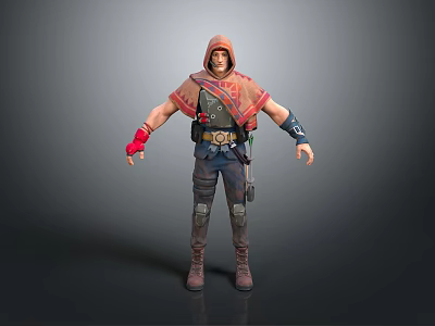 Hooded Game and Movie Character With Red Gloves Blue Arm Guards and Utility Belt 3d model
