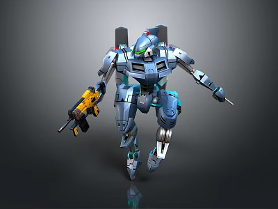 Blue And Gray Robot Character Walking With Yellow Weapon 3D Model Design 3d model