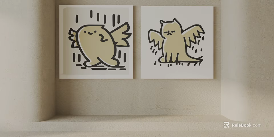 Cute Cartoon Wall Art With Winged Chick And Cat Framed Decorations 3d model