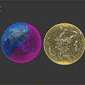 Blue Earth Globe And Transparent Crystal Sphere With Land Ocean Details On Dark Reflective Background