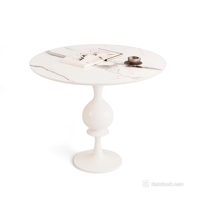 Elegant Round Marble Dining Table With White Pedestal Base And Magazines Coffee Cup 3d model 