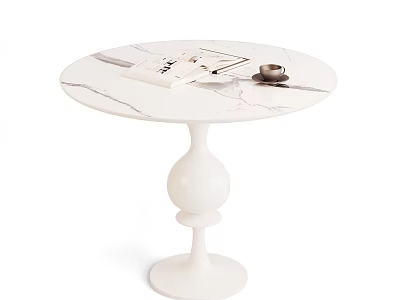 Elegant Round Marble Dining Table With White Pedestal Base And Magazines Coffee Cup 3d model