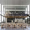 Modern Cafe Interior With Open Design Large Windows Hanging Lights And Wooden Furniture
