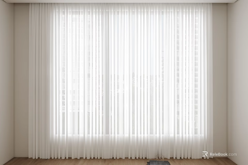 White Vertical Striped Curtains Covering Window Floor Length With Light Colored Walls And Wooden Floor 3d model 