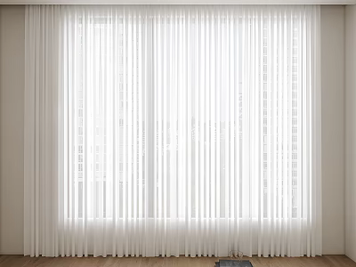 White Vertical Striped Curtains Covering Window Floor Length With Light Colored Walls And Wooden Floor 3d model