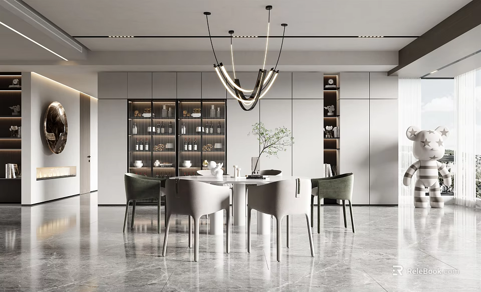 Modern Restaurant Interior With Open Layout Pendant Lights Dining Table Chairs And Display Cabinets 3d model