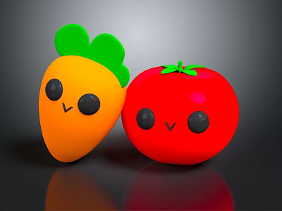 Cute Carrot Tomato Shaped Dolls With Orange Red Bodies Green Leaves And Smiling Faces 3d model