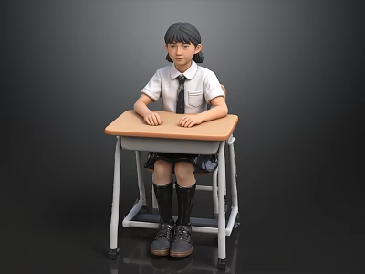 Girl In School Uniform Sitting At Wooden Desk With Metal Frame 3d model