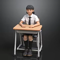 Girl In School Uniform Sitting At Wooden Desk With Metal Frame