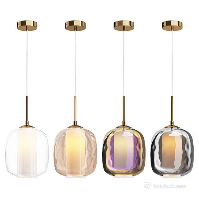 Modern Pendant Lights With Gold Base And Colorful Textured Glass Shades 3d model 