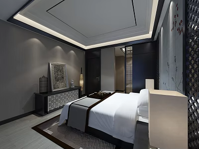 Hotel Guest Room With Modern Design Gray Walls Recessed Lighting And Dark Furniture 3d model