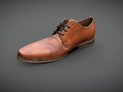 Brown Leather Lace Up Formal Shoes With Perforated Details And Rubber Sole 3d model