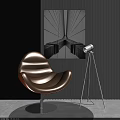 Brown Leather Accent Chair With Curved Design Metal Base Gray Wall Art And Floor Lamp