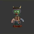 Cartoon Game Character With Green Face Horns Helmet Plaid Shirt Suspenders And Red Shoes