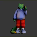 Cartoon Green Crocodile Wearing Blue Sweater Red Pants And Blue Sneakers Holding Black Phone