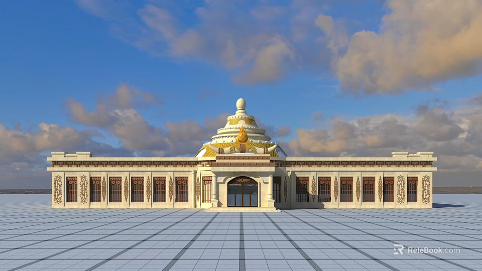 Ancient Architecture with Golden Dome Symmetrical Portico and Spacious Square Under Blue Sky 3d model 