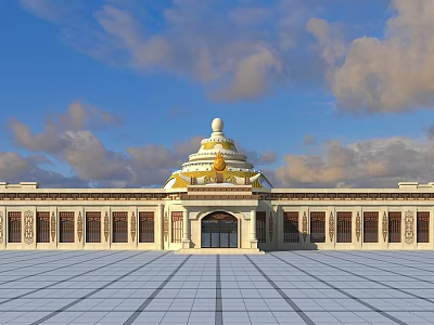 Ancient Architecture with Golden Dome Symmetrical Portico and Spacious Square Under Blue Sky 3d model