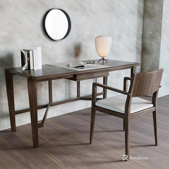 Walnut Desk With Books Glasses Table Lamp And Chair On Gray Wall With Round Mirror 3d model 