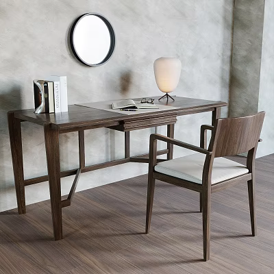 Walnut Desk With Books Glasses Table Lamp And Chair On Gray Wall With Round Mirror 3d model
