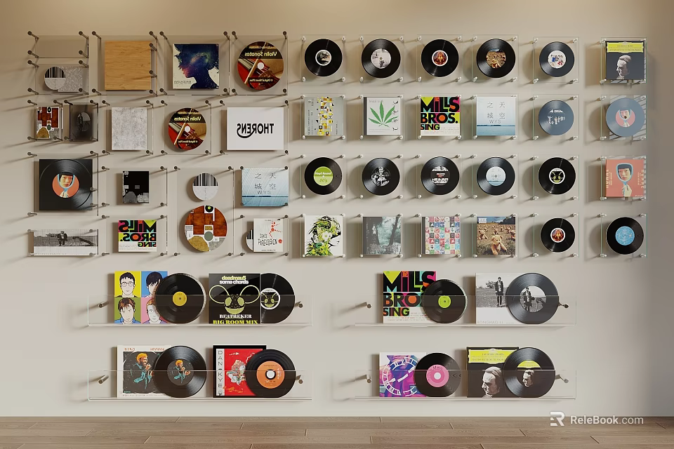 Vintage Vinyl Records Collection Wall Display Featuring Colorful Album Covers 3d model 