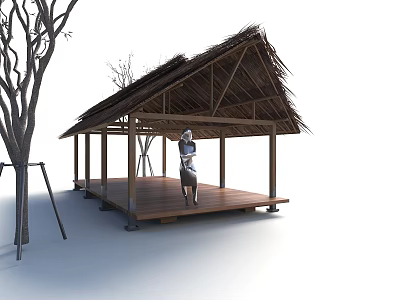 Traditional Open Landscape Pavilion With Thatch Roof Wooden Structure And Trees 3d model