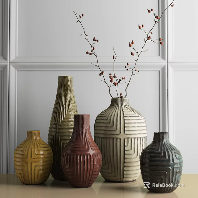 Colorful Ceramic Vases With Decorative Branches And Red Berries On White Paneled Wall 3d model 