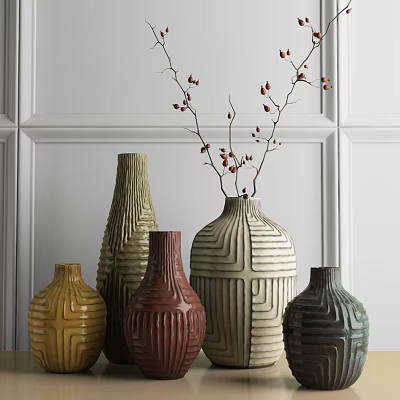 Colorful Ceramic Vases With Decorative Branches And Red Berries On White Paneled Wall 3d model