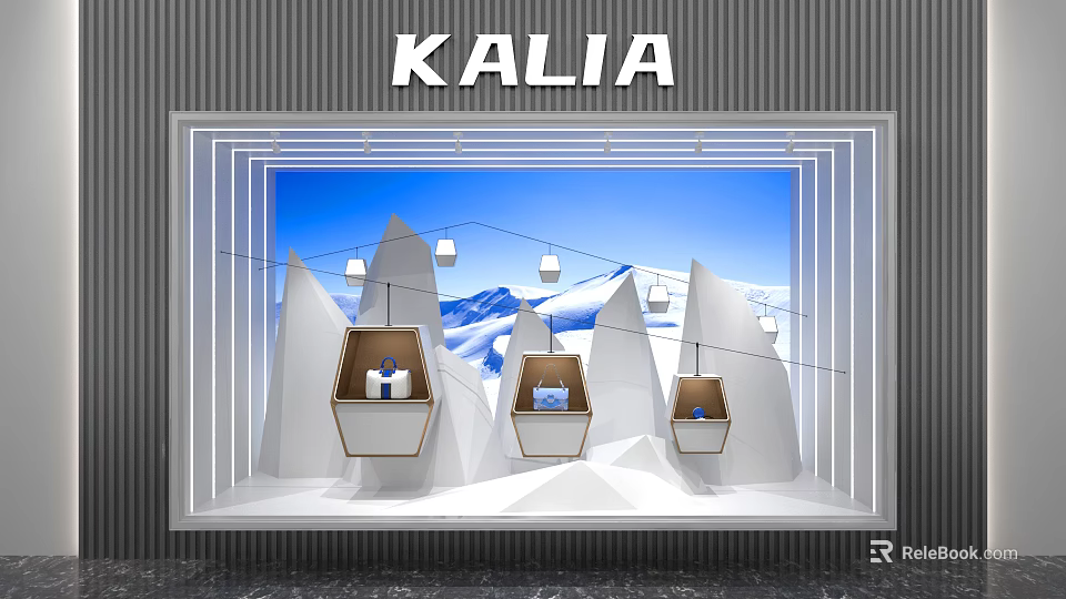 KALIA Store Window Display Featuring Mountain Like Structures Blue Sky And Hanging Lights 3d model