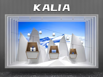 KALIA Store Window Display Featuring Mountain Like Structures Blue Sky And Hanging Lights 3d model