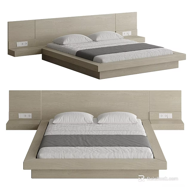 Modern Double Bed With Wooden Headboard White Pillows And Gray Bedding 3d model 