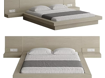 Modern Double Bed With Wooden Headboard White Pillows And Gray Bedding 3d model