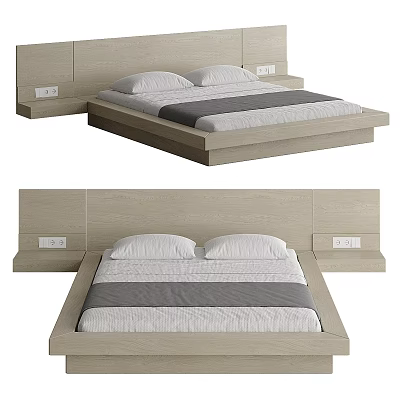 Modern Double Bed With Wooden Headboard White Pillows And Gray Bedding 3d model