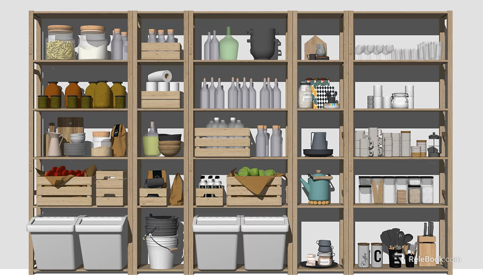 Organized Kitchenware Display On Shelves With Glass Jars Wooden Crates And Fresh Produce 3d model 