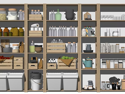 Organized Kitchenware Display On Shelves With Glass Jars Wooden Crates And Fresh Produce 3d model