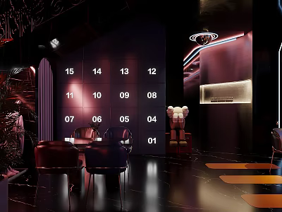 Modern Store Front Desk With Digital Number Panel And Neon Light Decoration 3d model