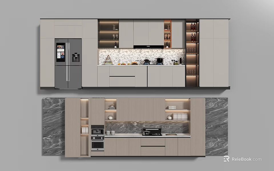 Modern Kitchen Featuring Sleek Cabinets Built-in Appliances Marble Countertop And Stone Backsplash 3d model 