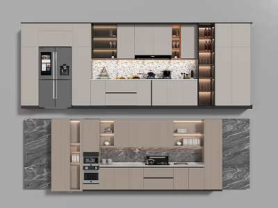 Modern Kitchen Featuring Sleek Cabinets Built-in Appliances Marble Countertop And Stone Backsplash 3d model