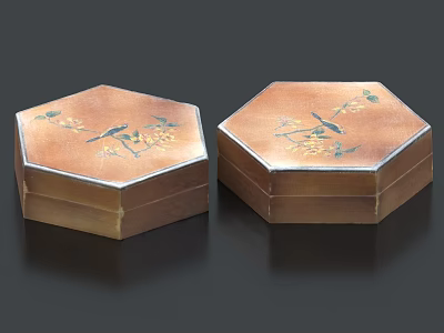 Decorative Ornament Set with Two Hexagonal Boxes Featuring Bird And Flower Patterns 3d model