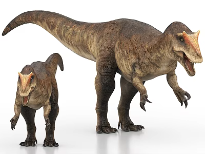 Adult And Juvenile Carnivorous Dinosaurs With Fierce Posture And Cranial Crests 3d model