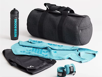 Black Duffel Bag with Beastmode Water Bottle Blue Sportswear Shorts And Wrist Wraps 3d model