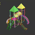 Colorful Playground Structure With Green Yellow Roofs Red Slides And Ladders