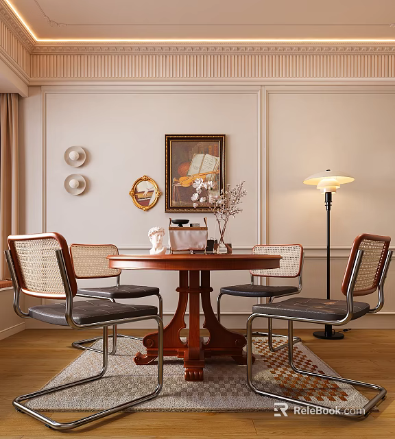 Elegant Dining Room Interior With Round Wooden Table Woven Chairs Framed Painting And Floor Lamp 3d model 