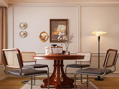 Elegant Dining Room Interior With Round Wooden Table Woven Chairs Framed Painting And Floor Lamp 3d model