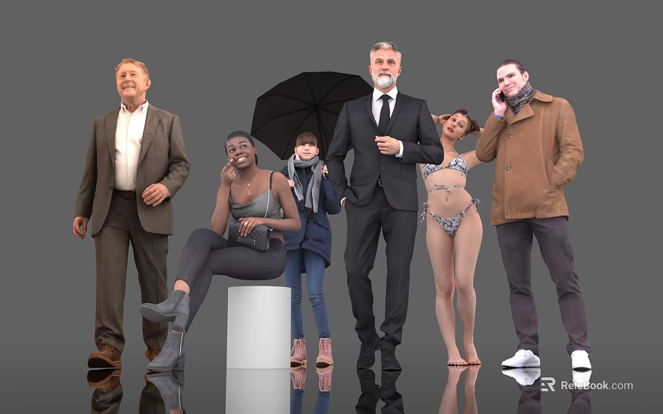 Group of Various People in Different Attires and Poses With Umbrella Against Gray Background 3d model 