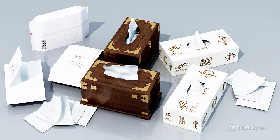 Wooden And White Patterned Tissue Boxes With Gold Accents For Daily Necessities 3d model 